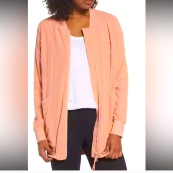 Zella Bomber Jacket Longline Peach Orange Full Zip Long Sleeve Light Athletic XL - Picture 9 of 9